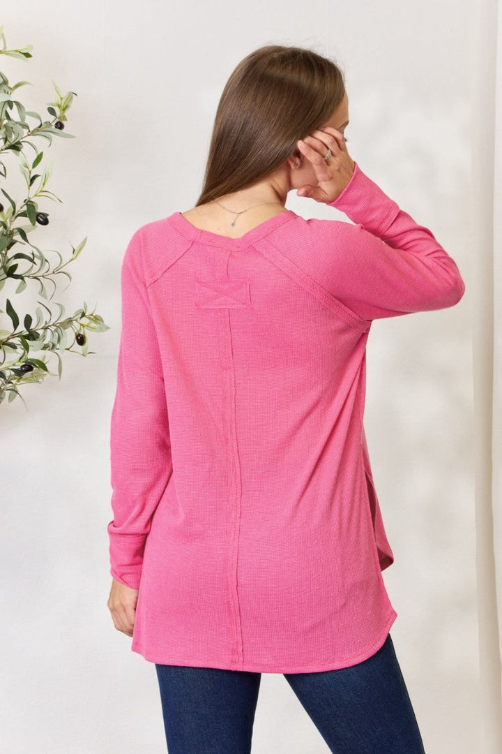 Zenana Long Sleeve Side Slit Shirt - Pink - Inspired Eye Boutique