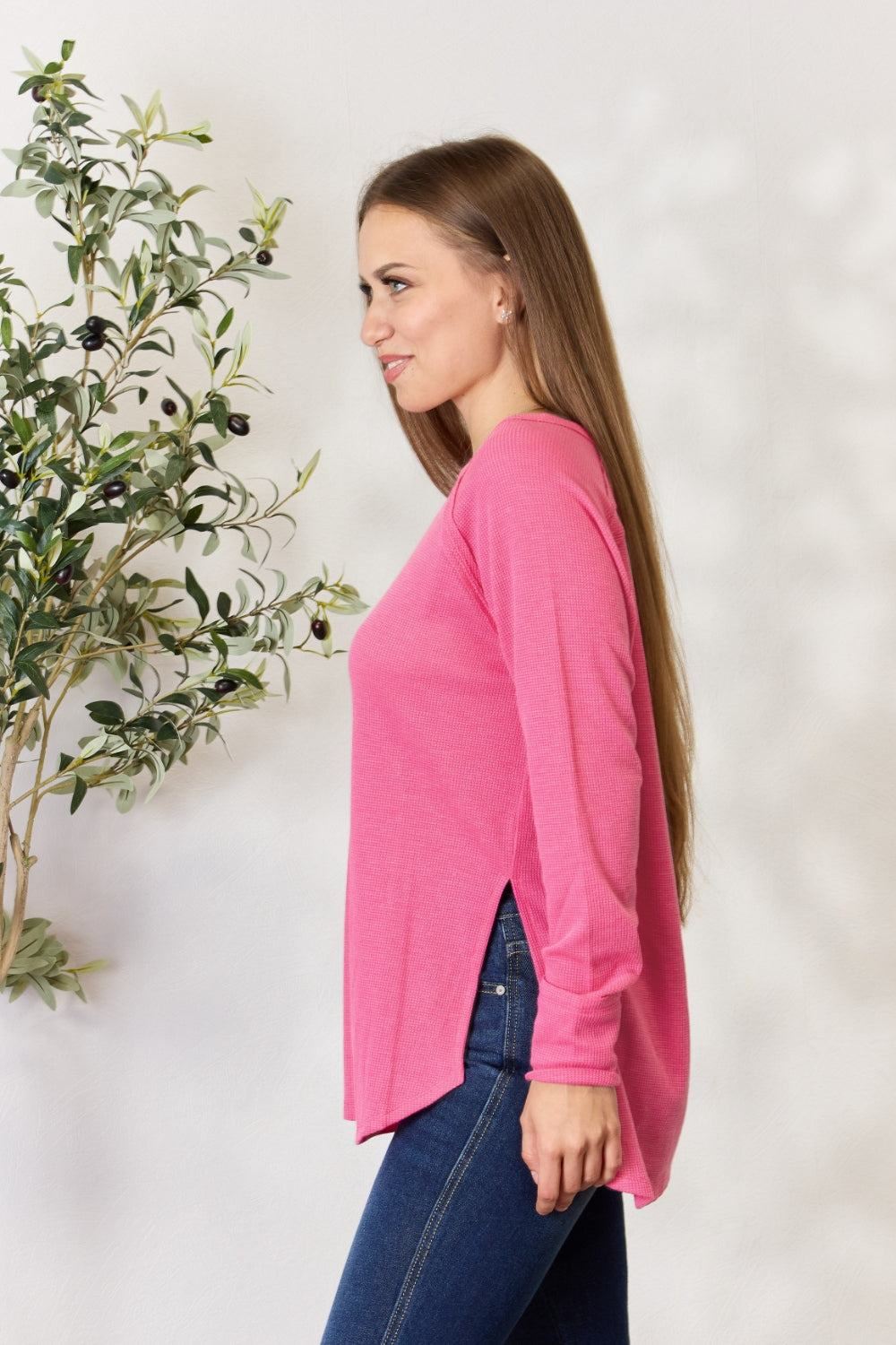 Zenana Long Sleeve Side Slit Shirt - Pink - Inspired Eye Boutique