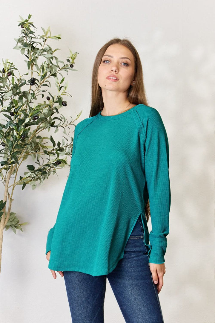 Zenana Long Sleeve Side Slit Shirt - Teal - Inspired Eye Boutique