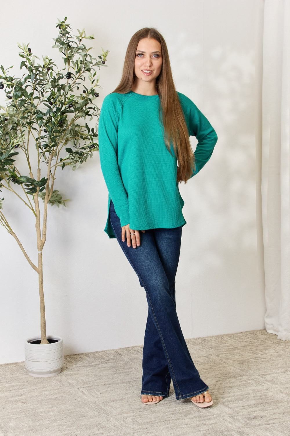 Zenana Long Sleeve Side Slit Shirt - Teal - Inspired Eye Boutique