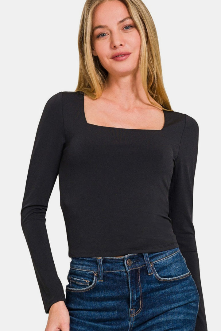 Zenana - Square Neck Fitted Long Sleeve Top - Black - Inspired Eye Boutique