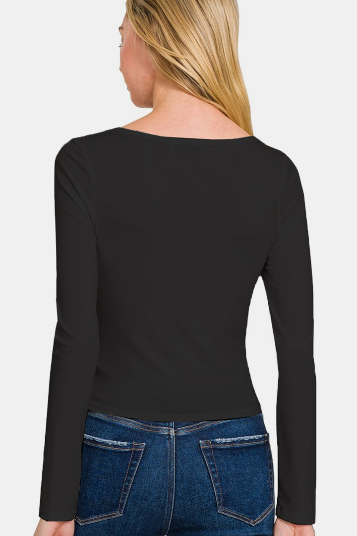 Zenana - Square Neck Fitted Long Sleeve Top - Black - Inspired Eye Boutique