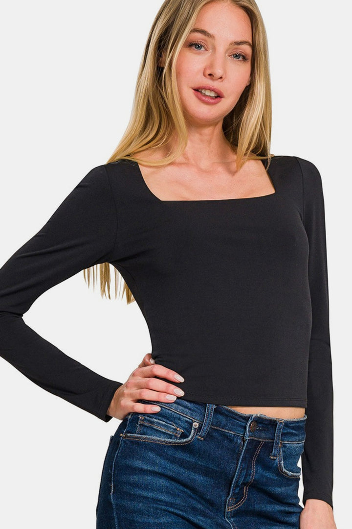 Zenana - Square Neck Fitted Long Sleeve Top - Black - Inspired Eye Boutique