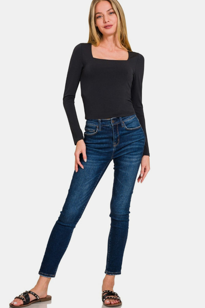 Zenana - Square Neck Fitted Long Sleeve Top - Black - Inspired Eye Boutique