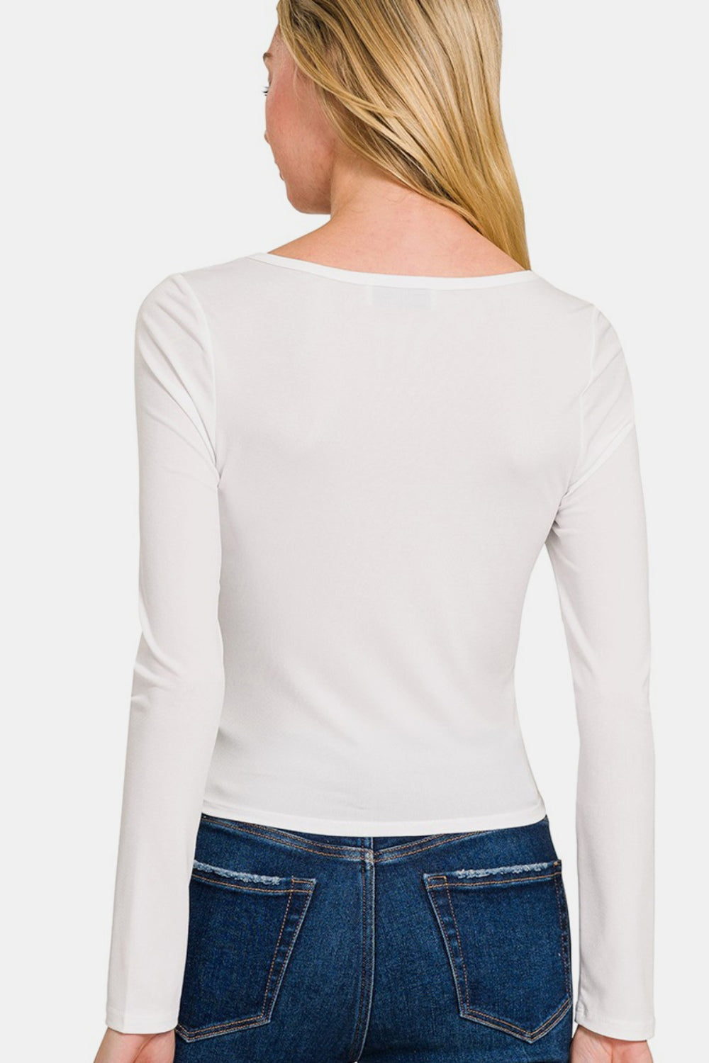 Zenana - Square Neck Fitted Long Sleeve Top - White - Inspired Eye Boutique