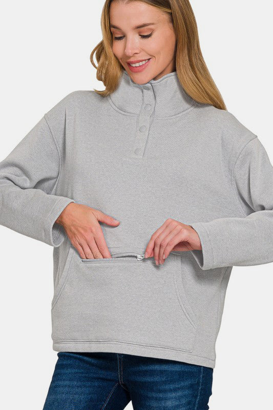 Zenana - Turtleneck Half Snap Fleece Sweatshirt - Gray - Inspired Eye Boutique