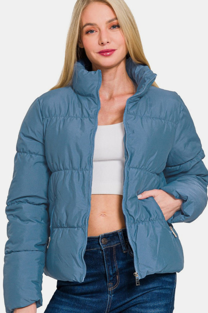 Zenana - Turtleneck Puffer Jacket - Dusty Blue - Inspired Eye Boutique