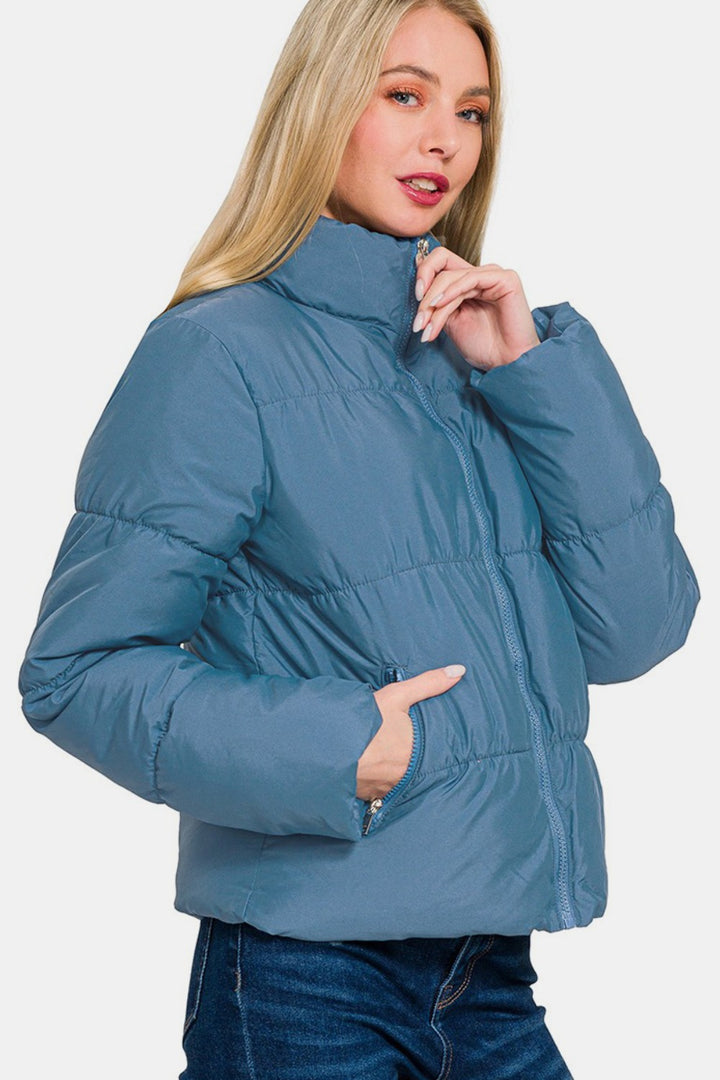 Zenana - Turtleneck Puffer Jacket - Dusty Blue - Inspired Eye Boutique