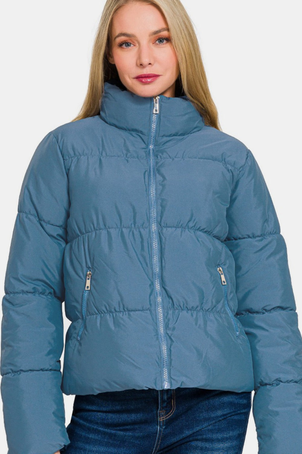 Zenana - Turtleneck Puffer Jacket - Dusty Blue - Inspired Eye Boutique