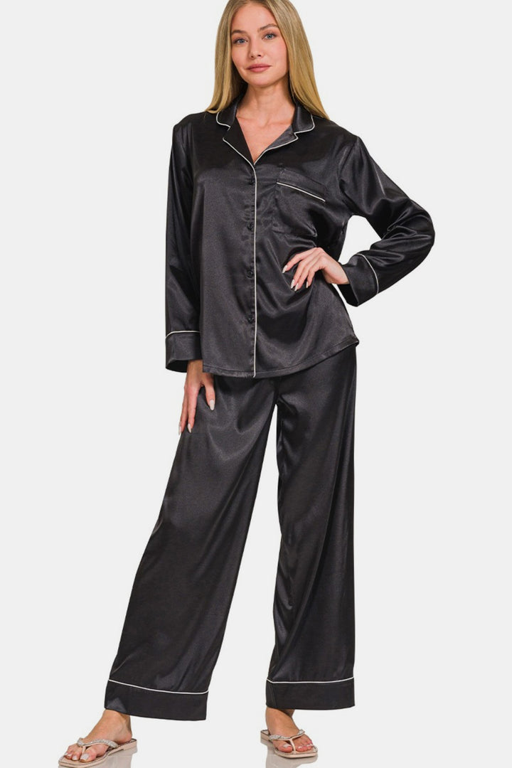 Zenana - Two Piece Satin Pajama Set - Black - Inspired Eye Boutique