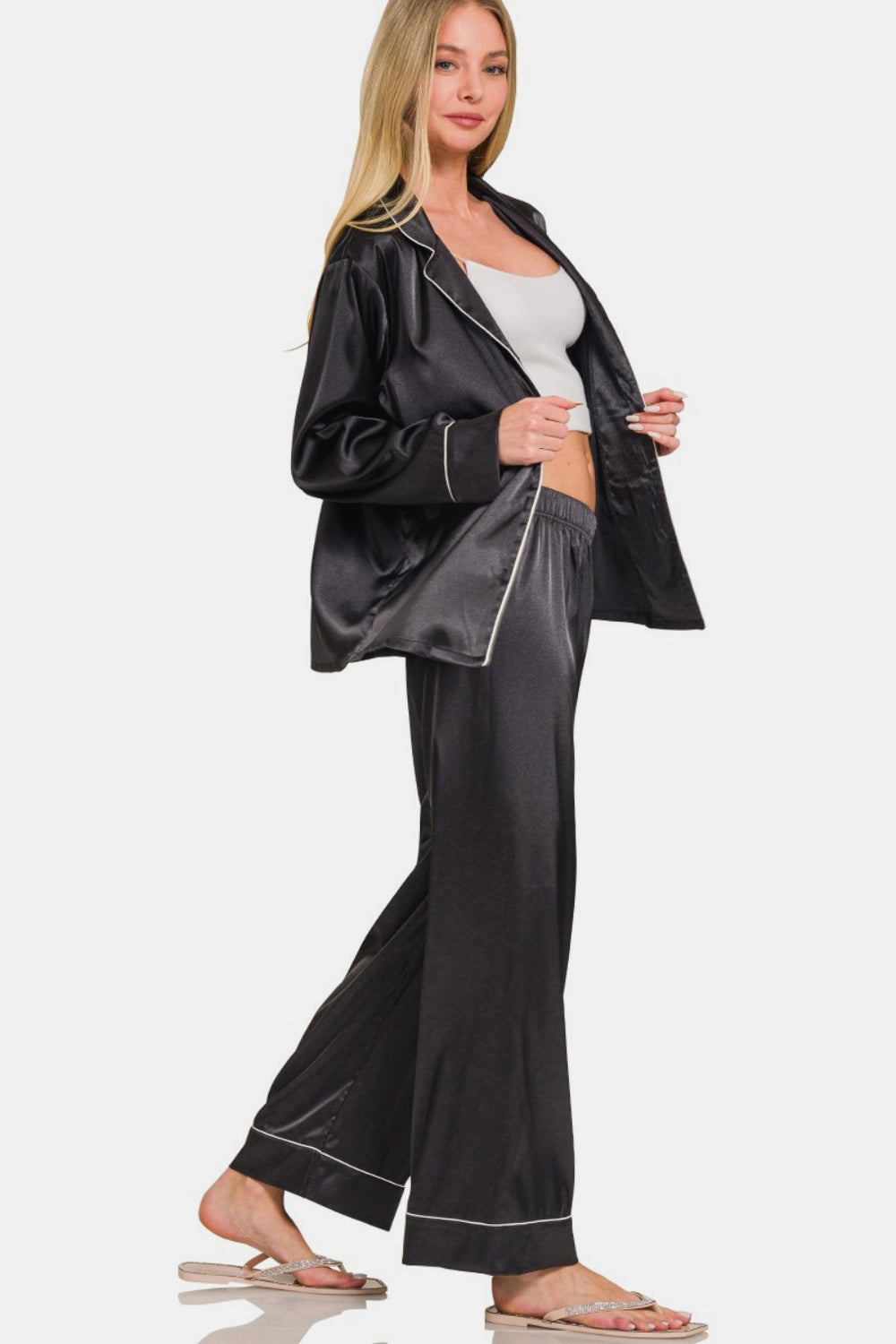 Zenana - Two Piece Satin Pajama Set - Black - Inspired Eye Boutique