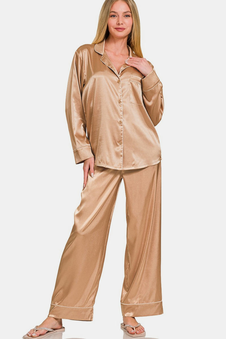 Zenana - Two Piece Satin Pajama Set - Brush - Inspired Eye Boutique