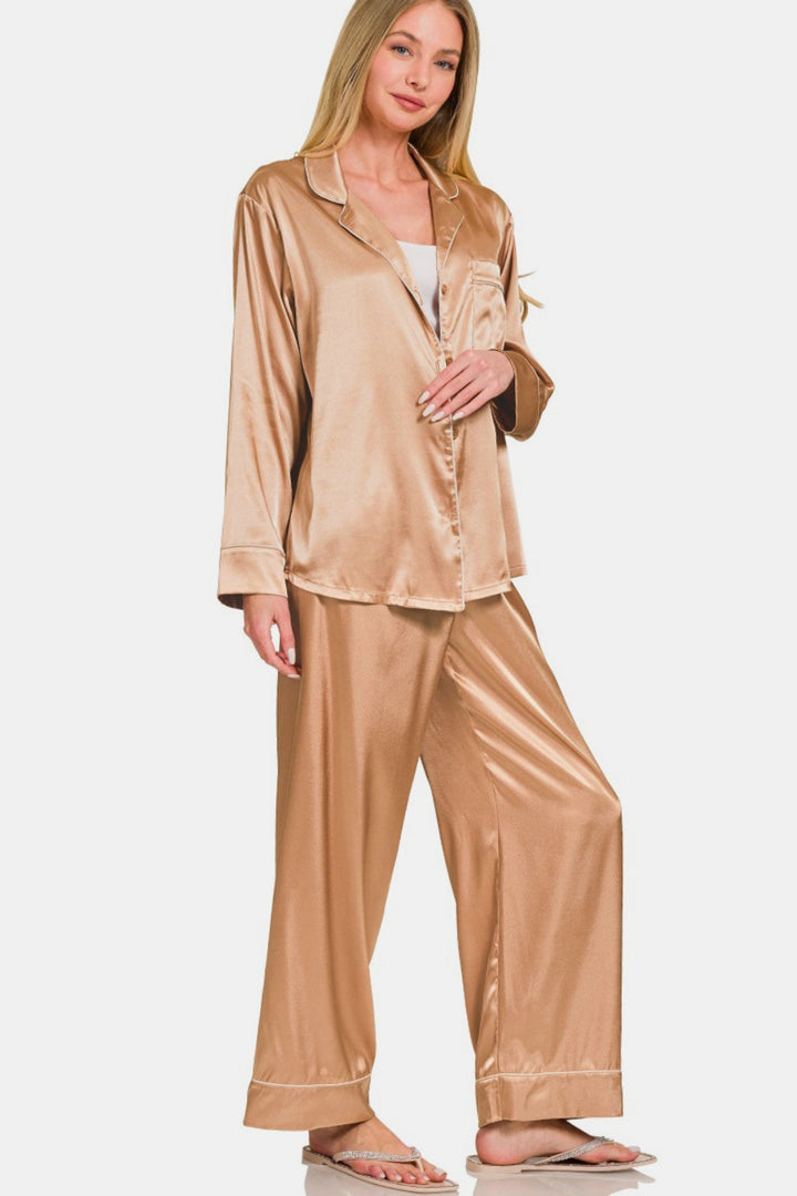 Zenana - Two Piece Satin Pajama Set - Brush - Inspired Eye Boutique