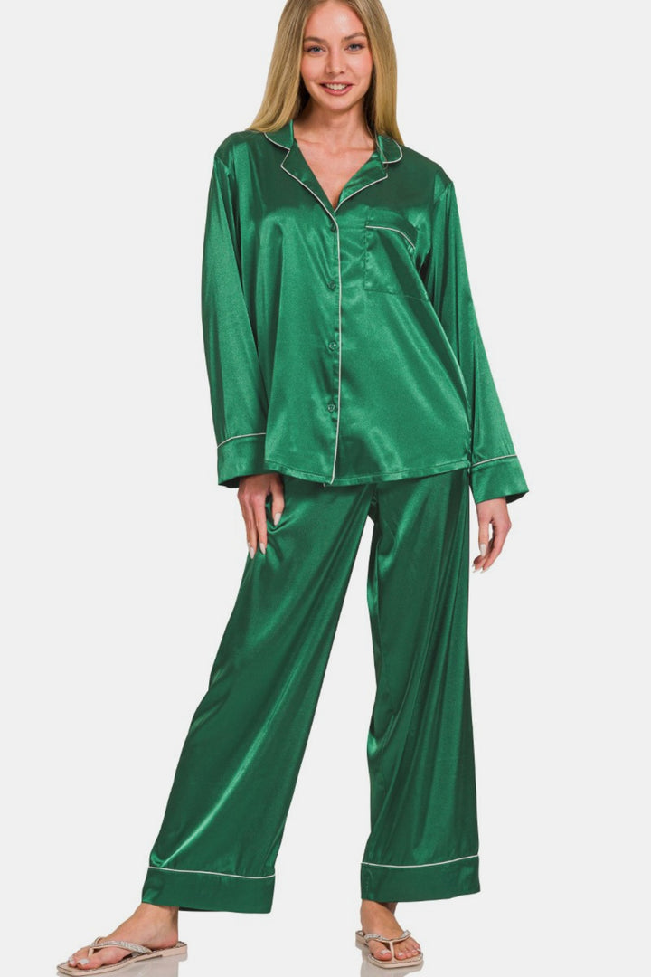 Zenana - Two Piece Satin Pajama Set - Green - Inspired Eye Boutique