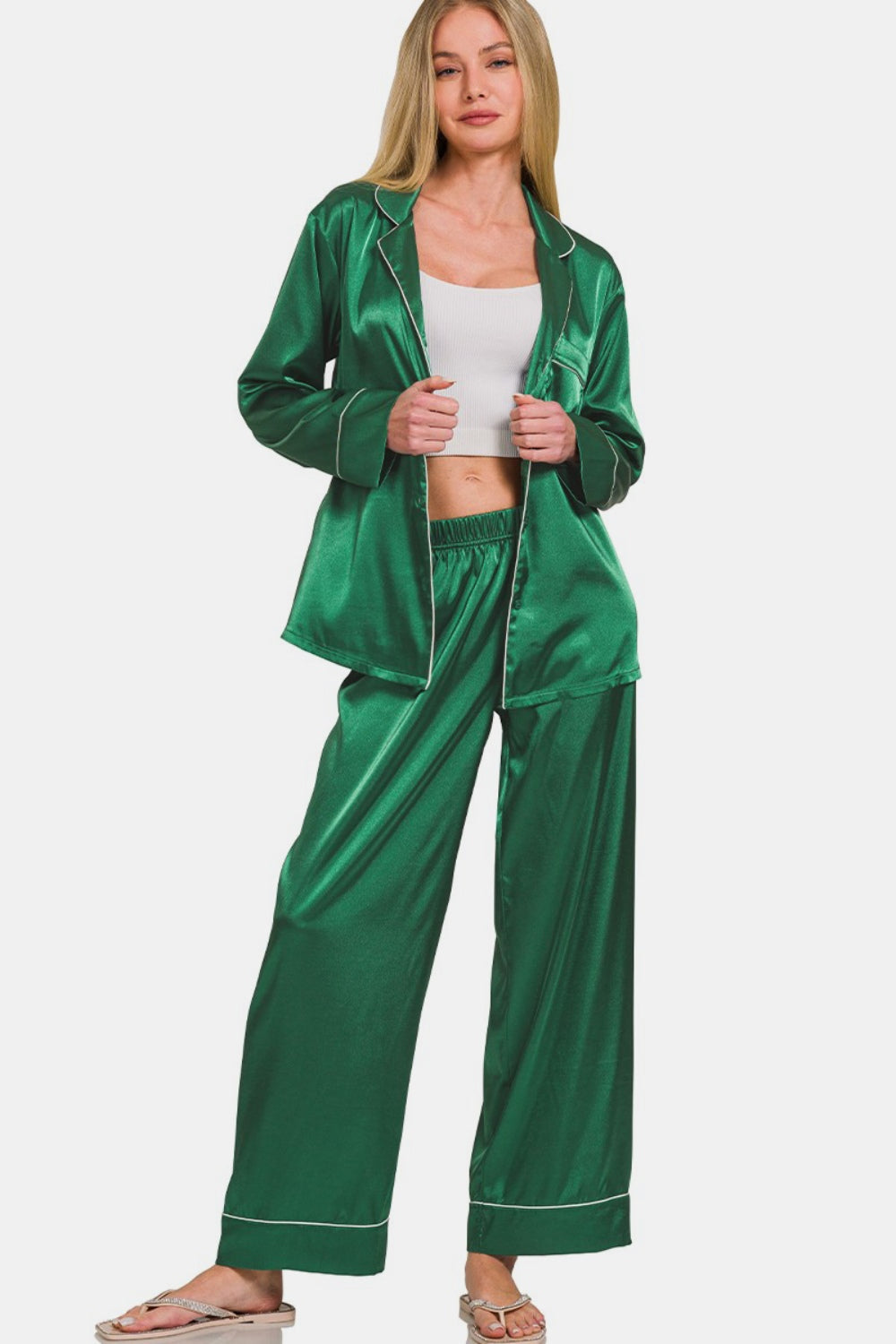 Zenana - Two Piece Satin Pajama Set - Green - Inspired Eye Boutique