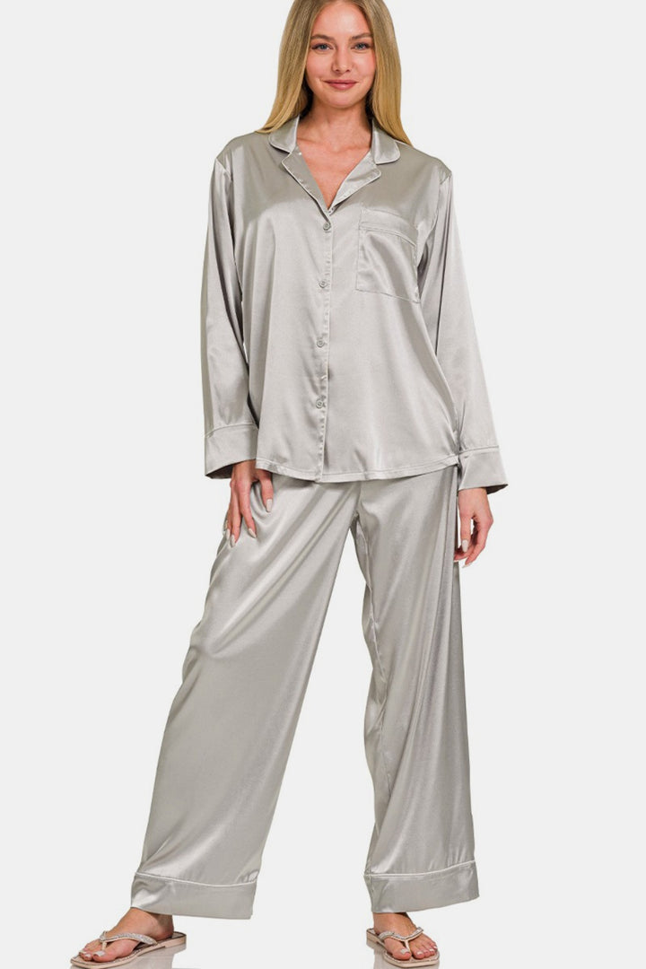 Zenana - Two Piece Satin Pajama Set - Silver - Inspired Eye Boutique