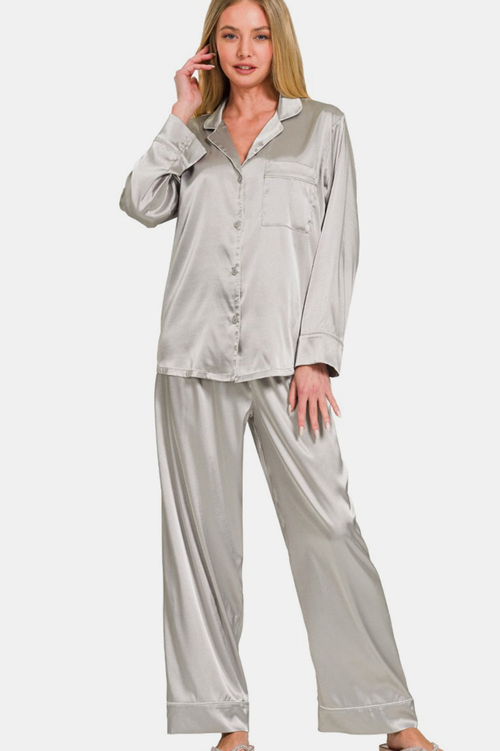 Zenana - Two Piece Satin Pajama Set - Silver - Inspired Eye Boutique