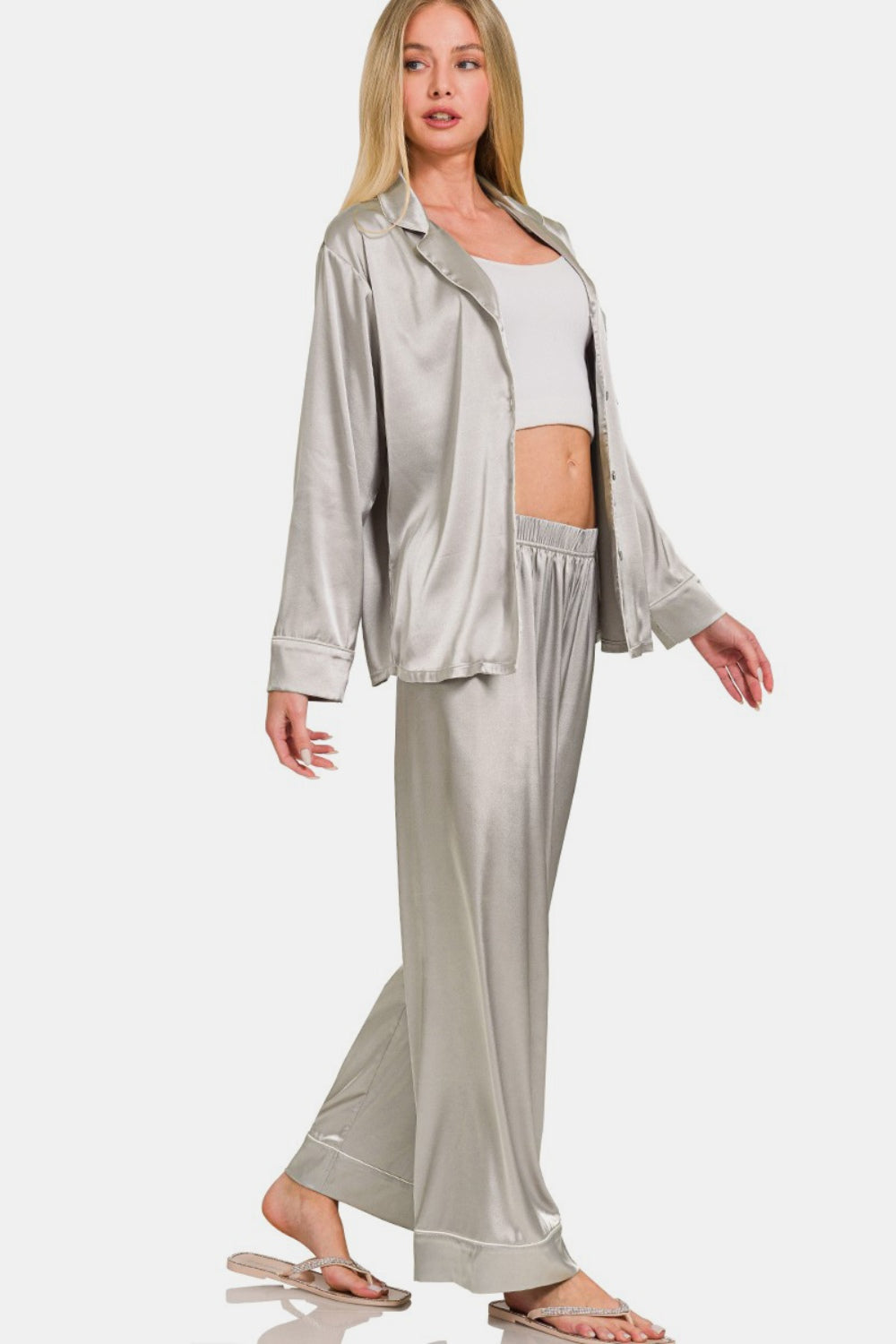 Zenana - Two Piece Satin Pajama Set - Silver - Inspired Eye Boutique