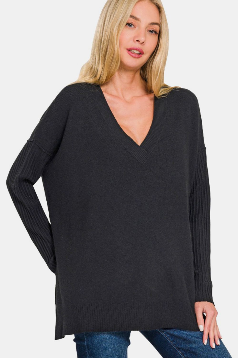 Zenana V-Neck High-Low Sweater - Black - Inspired Eye Boutique