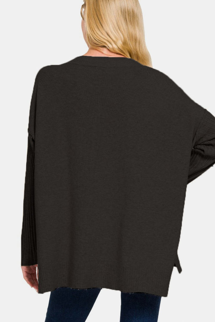 Zenana V-Neck High-Low Sweater - Black - Inspired Eye Boutique