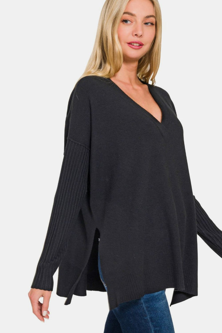 Zenana V-Neck High-Low Sweater - Black - Inspired Eye Boutique