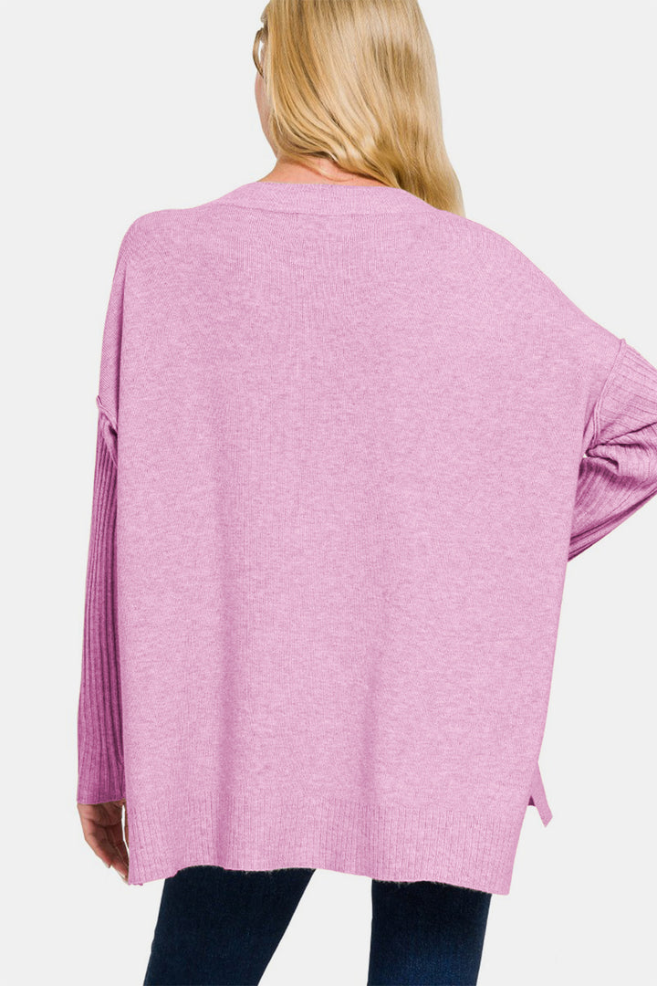 Zenana - V-Neck High-Low Sweater - Mauve - Inspired Eye Boutique