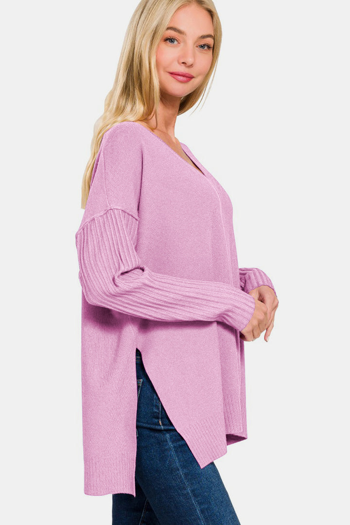 Zenana - V-Neck High-Low Sweater - Mauve - Inspired Eye Boutique