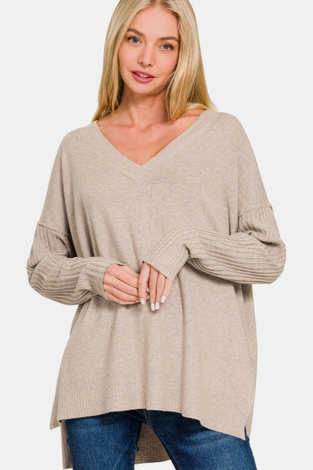 Zenana V-Neck High-Low Sweater - Mocha - Inspired Eye Boutique