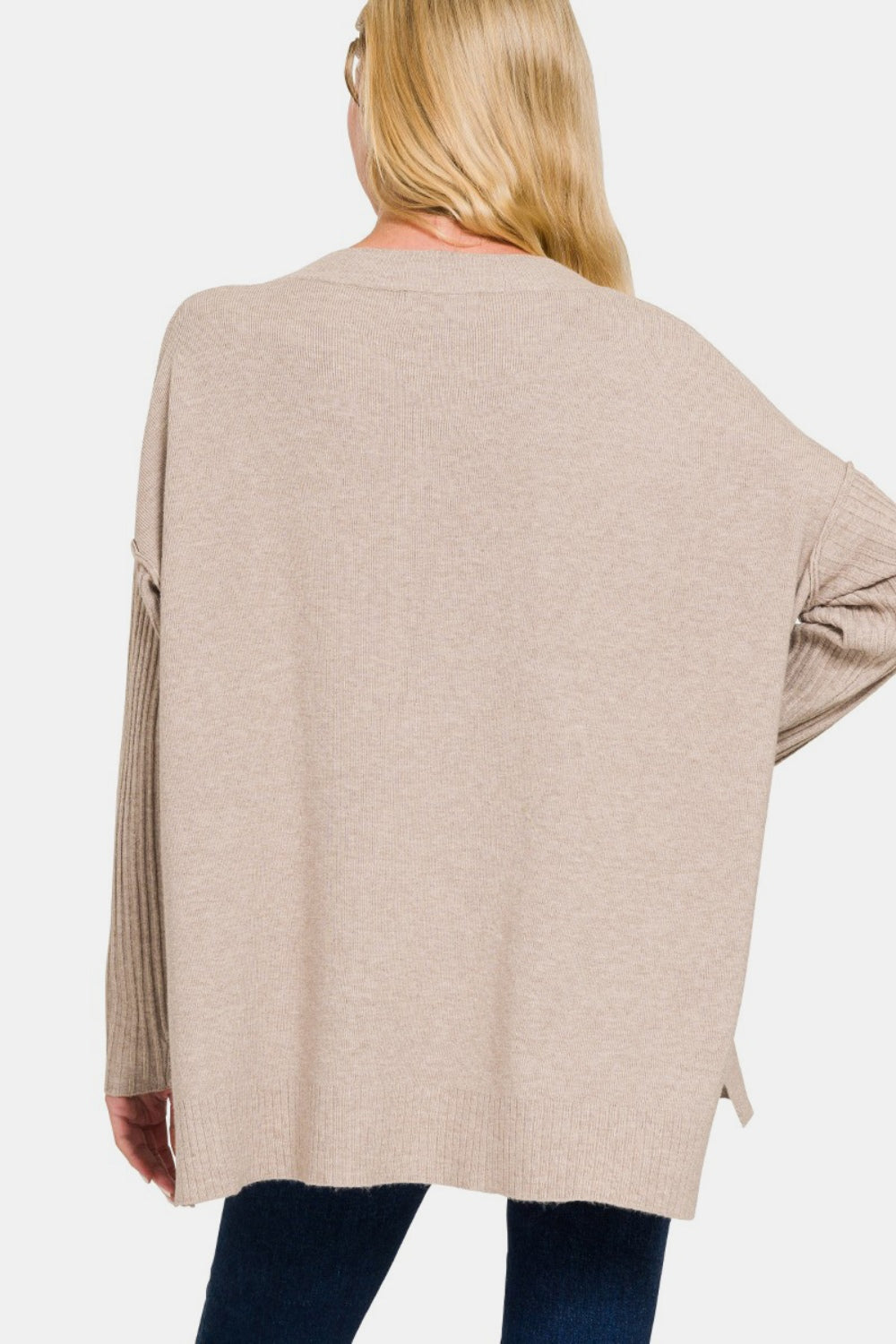 Zenana V-Neck High-Low Sweater - Mocha - Inspired Eye Boutique