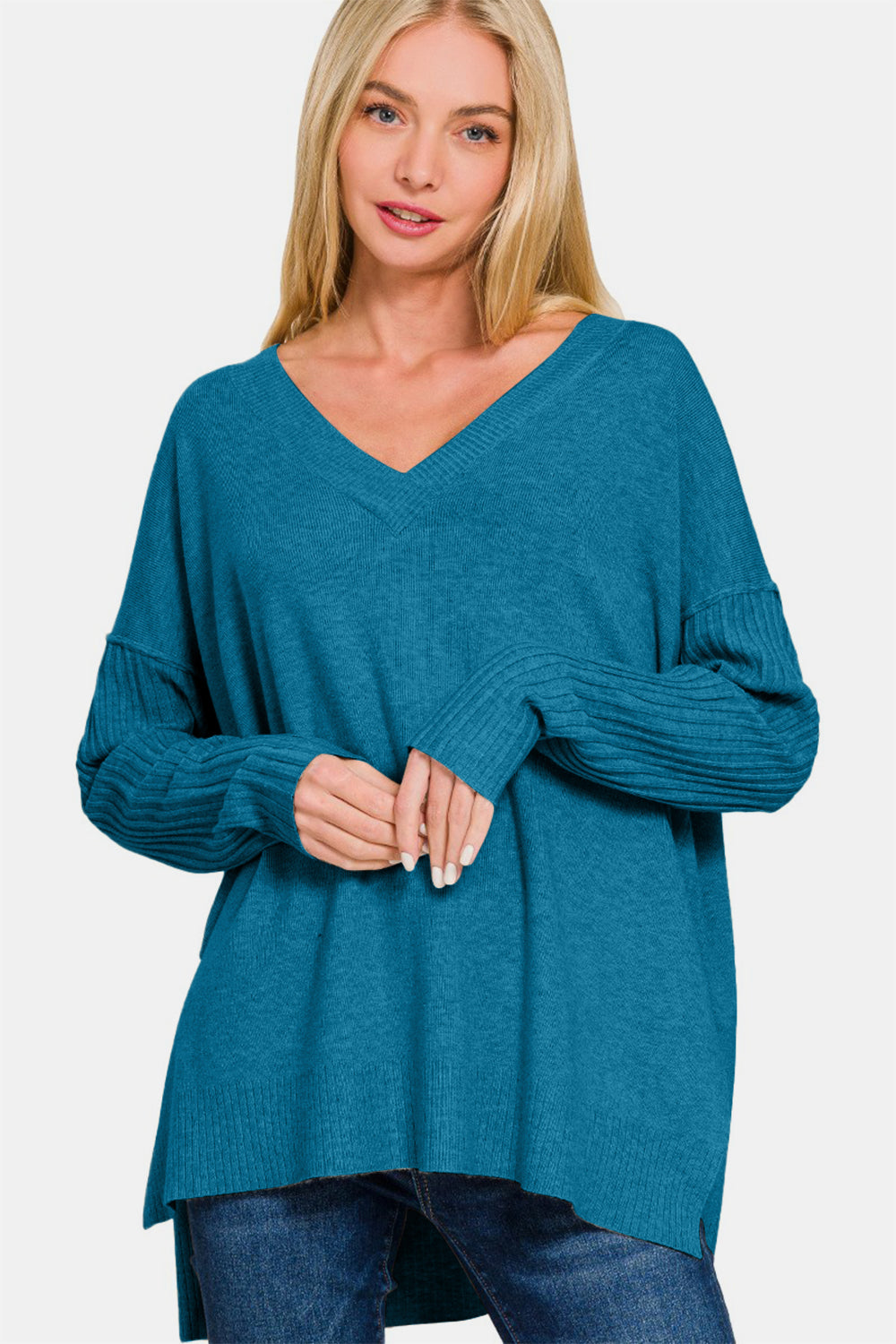 Zenana V-Neck High-Low Sweater - Teal - Inspired Eye Boutique