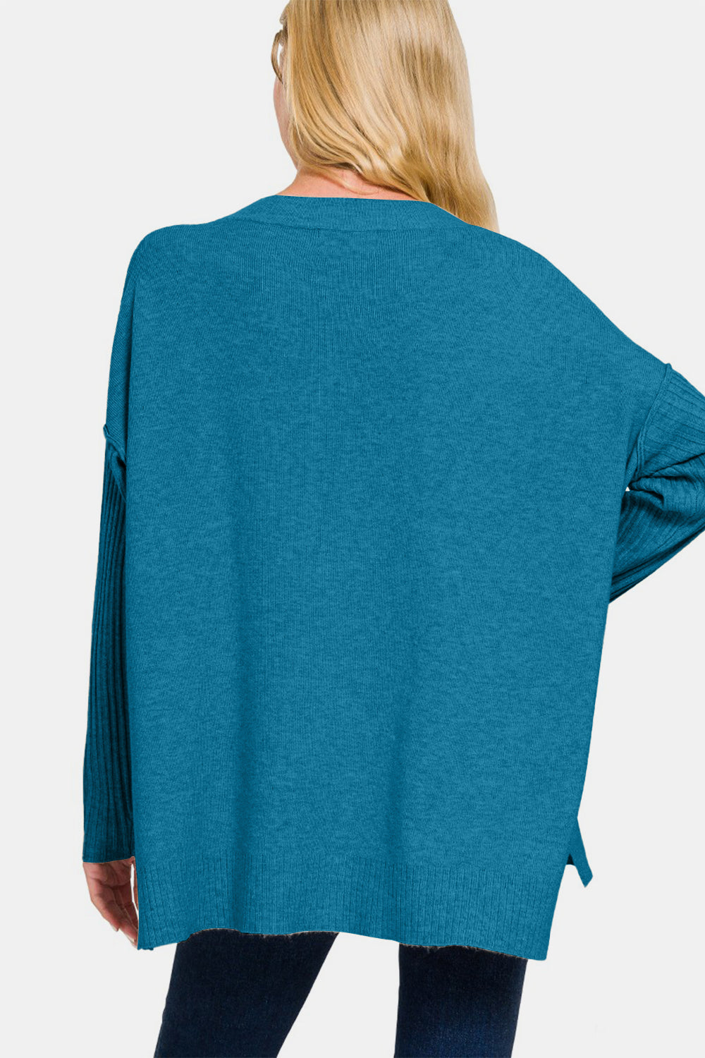 Zenana V-Neck High-Low Sweater - Teal - Inspired Eye Boutique