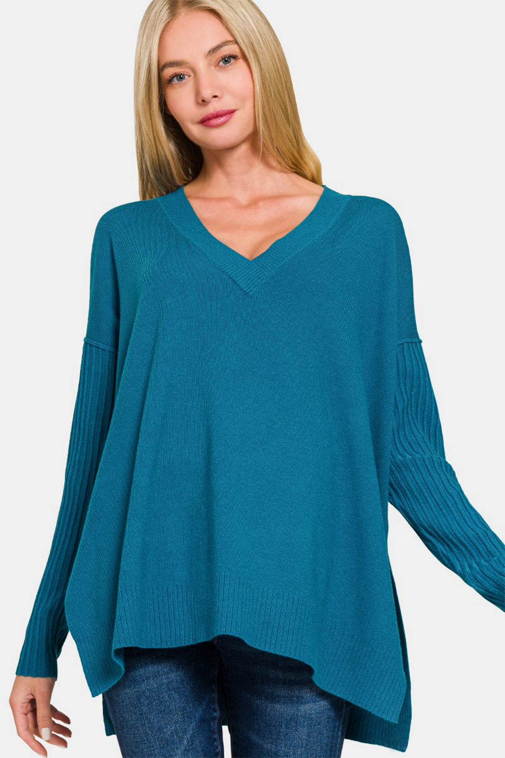 Zenana V-Neck High-Low Sweater - Teal - Inspired Eye Boutique