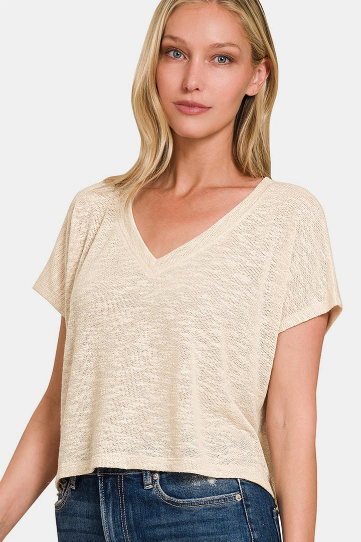 Zenana - V-Neck Knit Top - Sand Beige - Inspired Eye Boutique