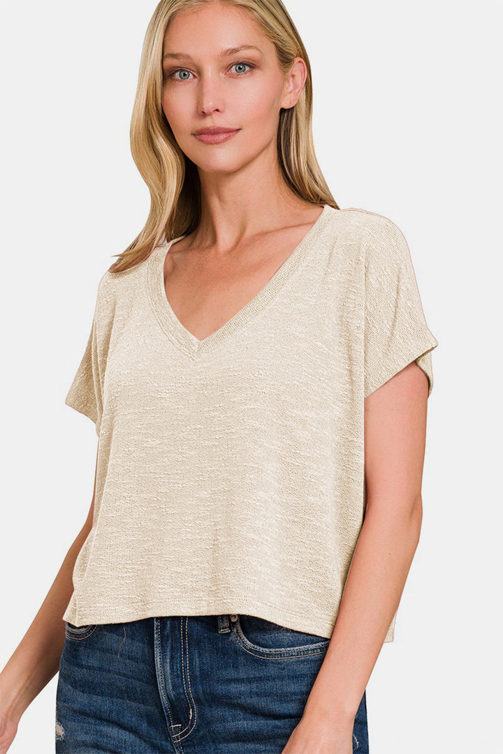 Zenana - V-Neck Knit Top - Sand Beige - Inspired Eye Boutique