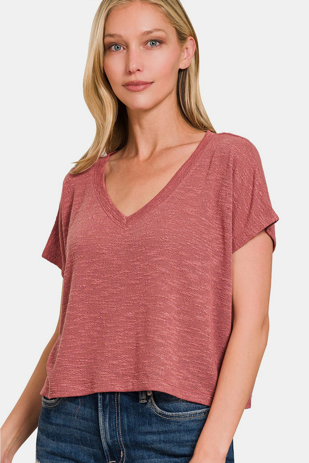 Zenana - V-Neck Knit Top - Winter Rose - Inspired Eye Boutique