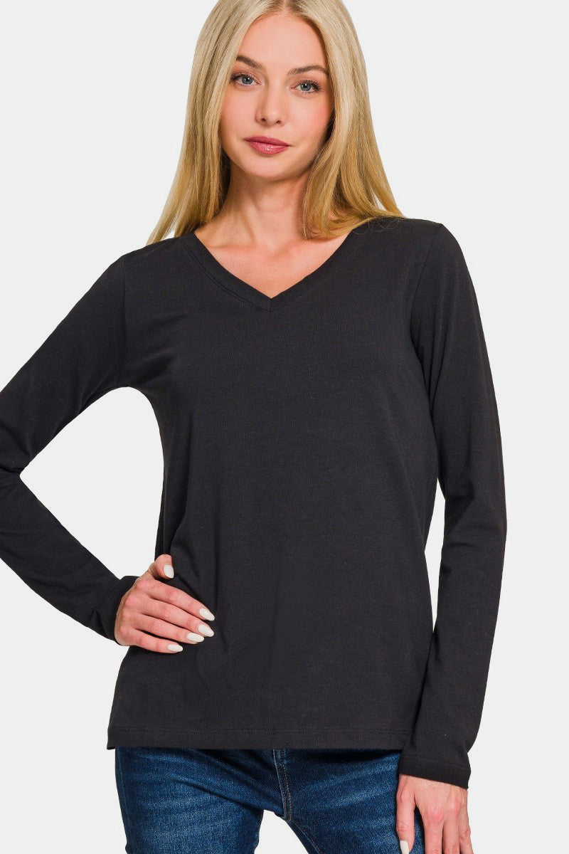 Zenana - V-Neck Long Sleeve T-Shirt - Black - Inspired Eye Boutique