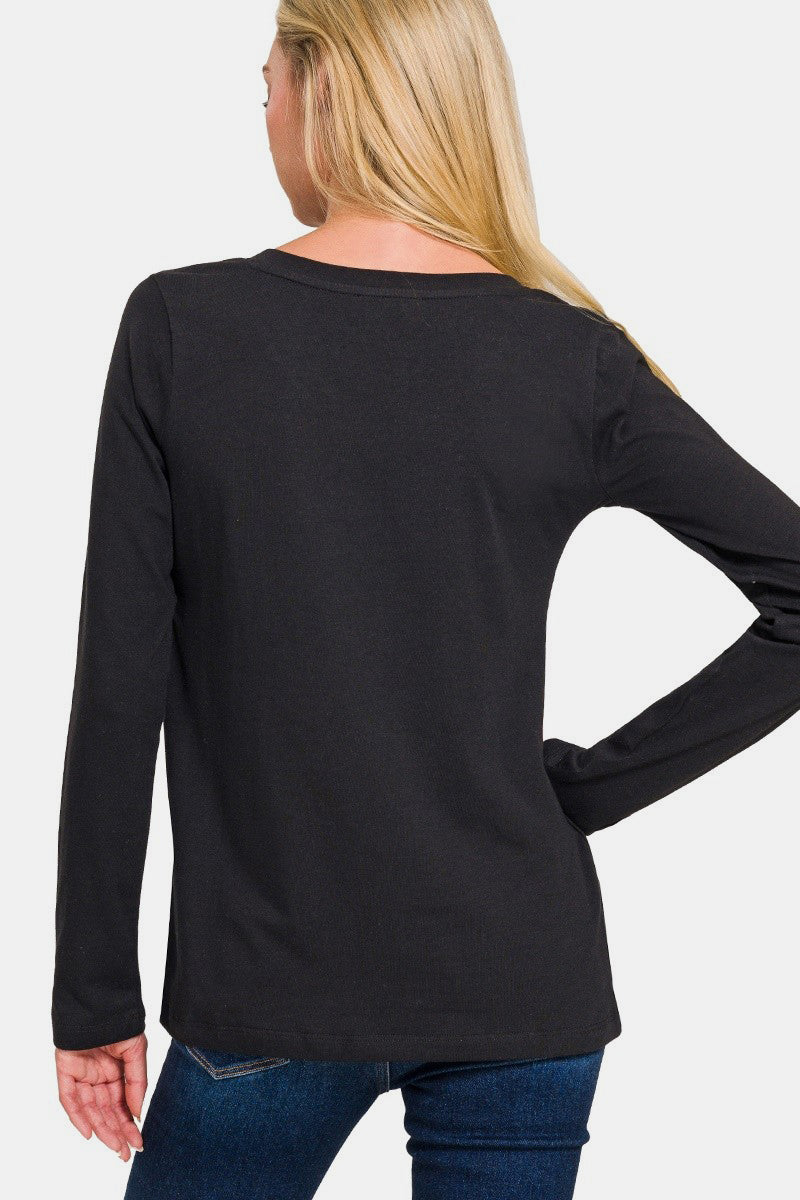 Zenana - V-Neck Long Sleeve T-Shirt - Black - Inspired Eye Boutique