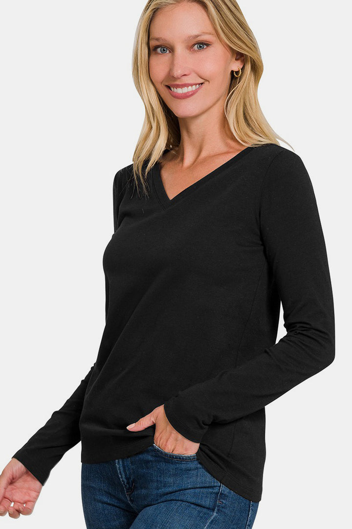 Zenana - V-Neck Long Sleeve T-Shirt - Black - Inspired Eye Boutique