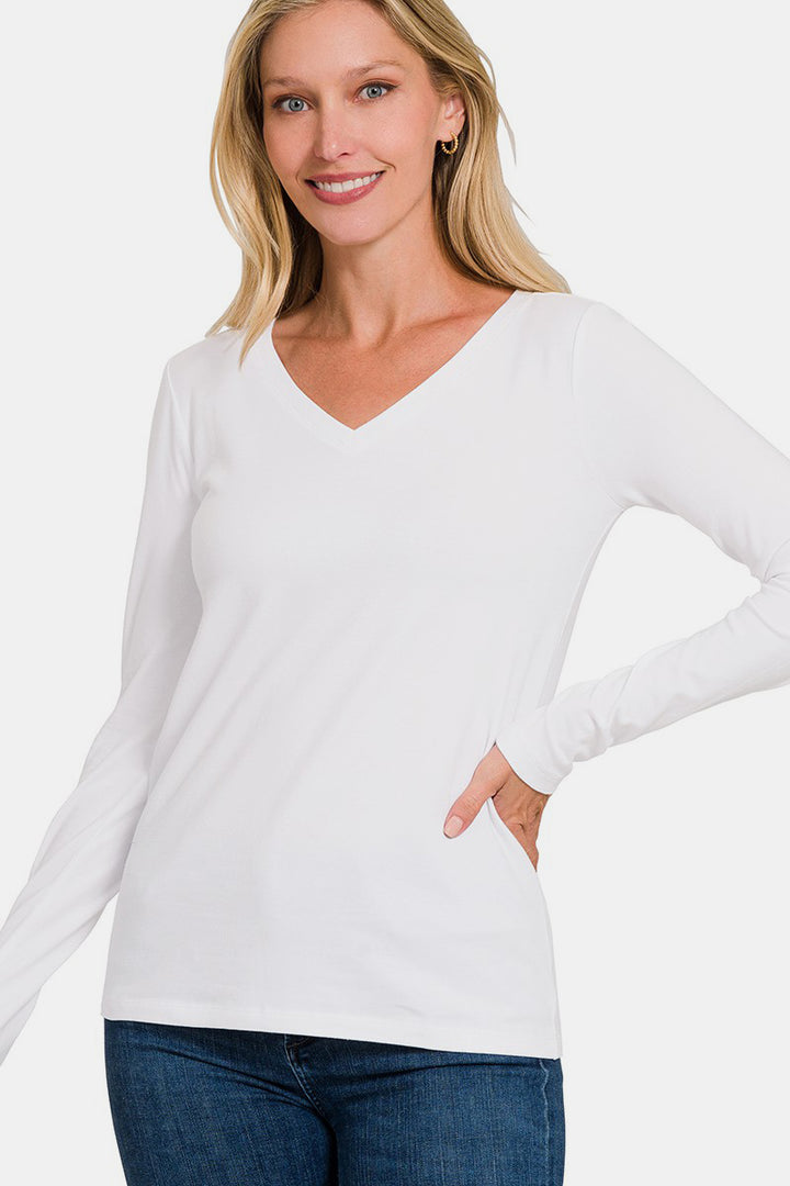 Zenana - V-Neck Long Sleeve T-Shirt - White - Inspired Eye Boutique