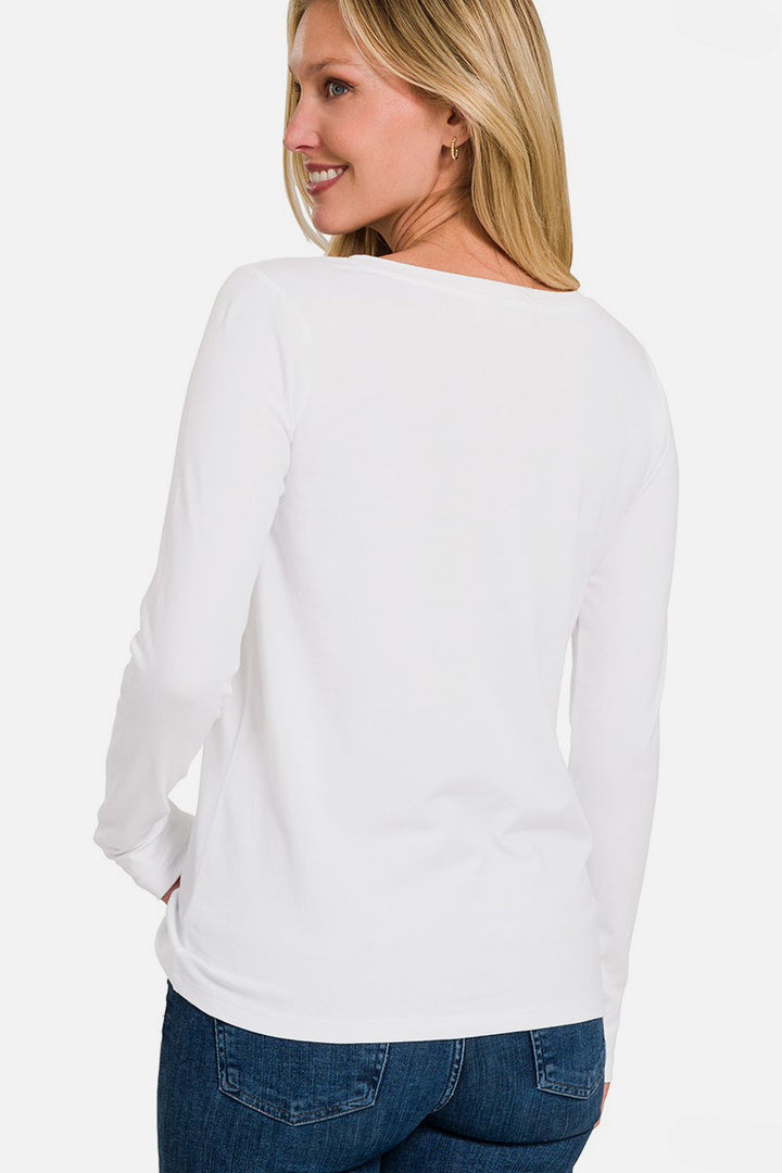 Zenana - V-Neck Long Sleeve T-Shirt - White - Inspired Eye Boutique