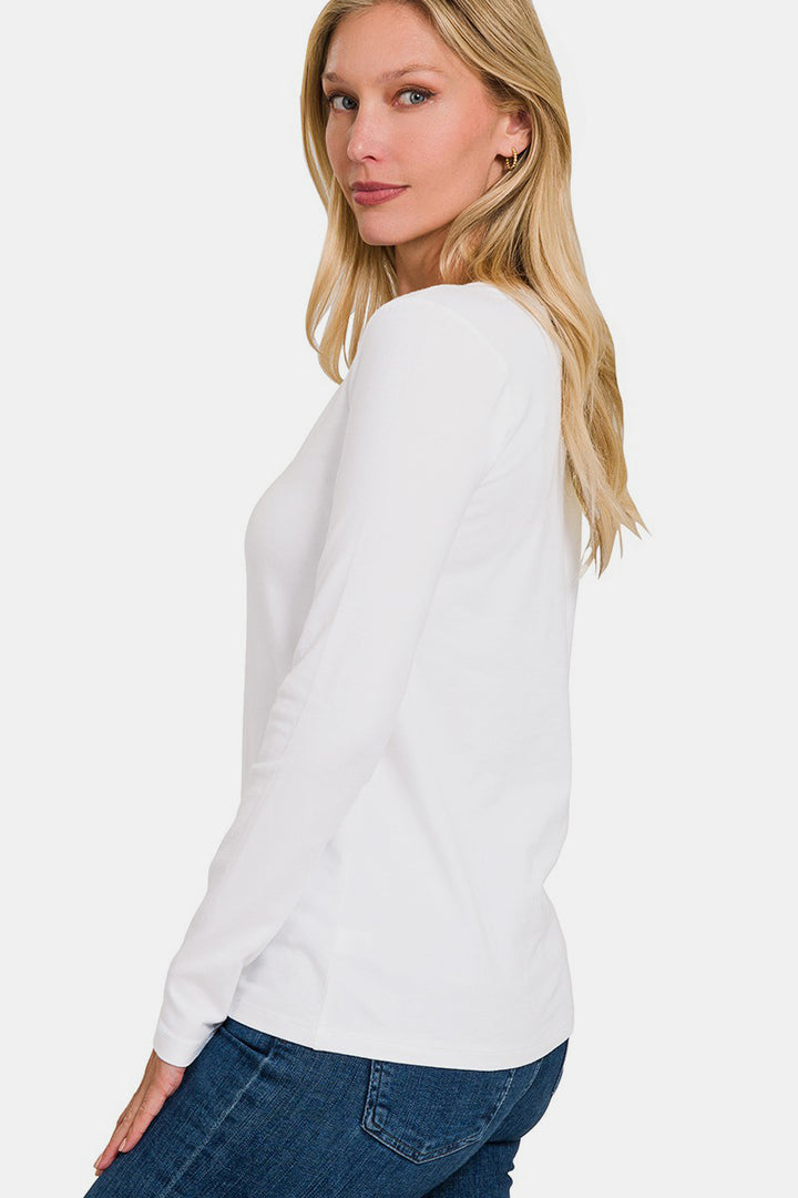 Zenana - V-Neck Long Sleeve T-Shirt - White - Inspired Eye Boutique