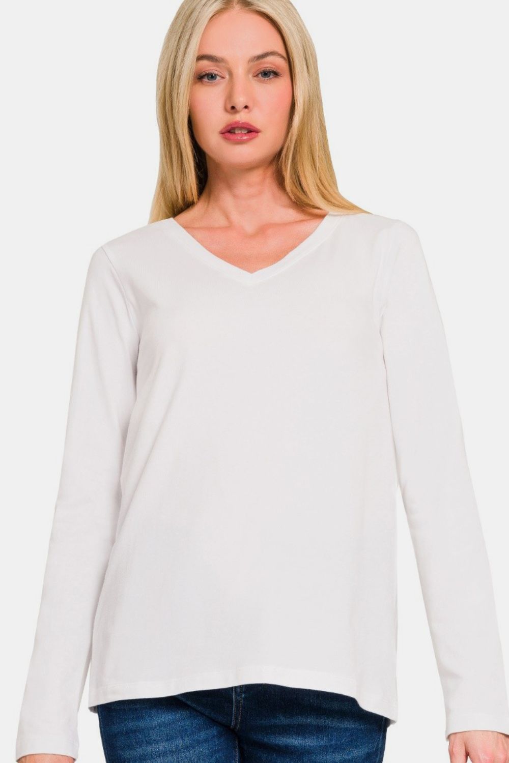 Zenana - V-Neck Long Sleeve T-Shirt - White - Inspired Eye Boutique