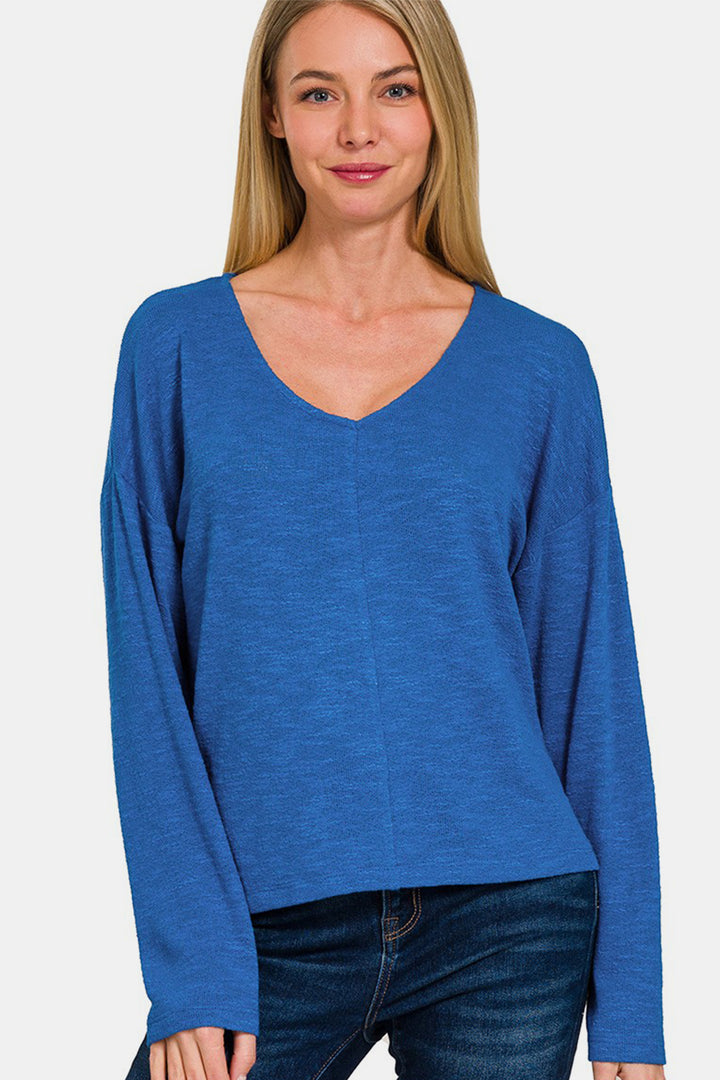 Zenana - V-Neck Long Sleeve Top - Blue - Inspired Eye Boutique