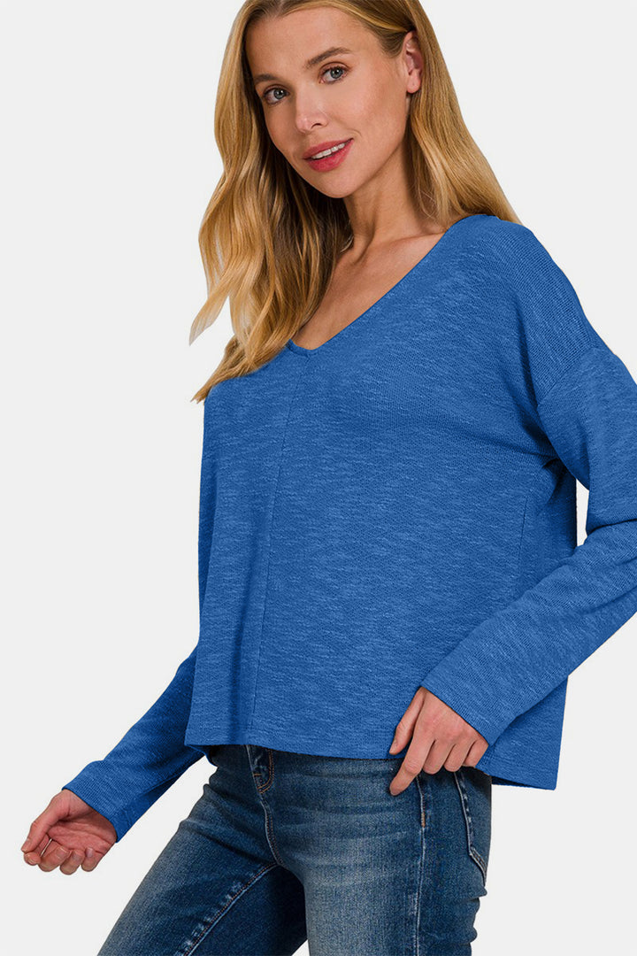 Zenana - V-Neck Long Sleeve Top - Blue - Inspired Eye Boutique