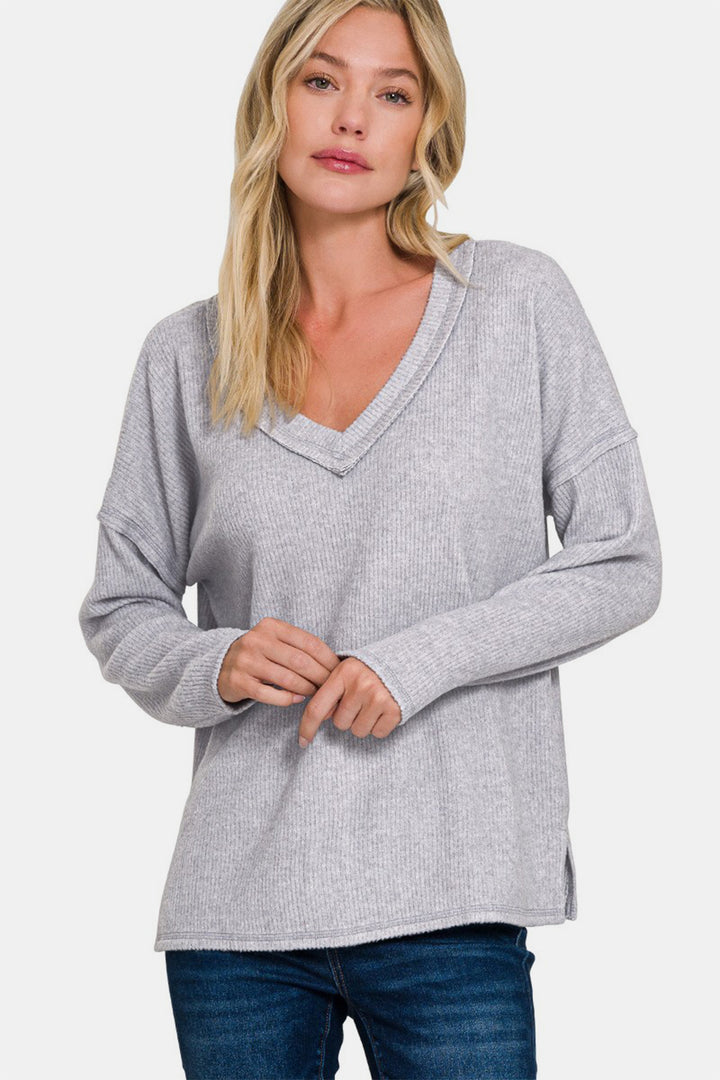 Zenana - V-Neck Ribbed Long Sleeve Top - Grey - Inspired Eye Boutique