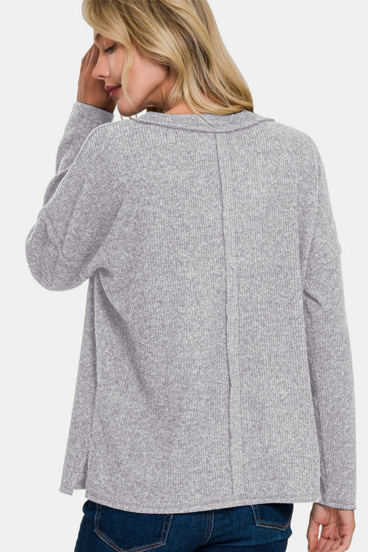 Zenana - V-Neck Ribbed Long Sleeve Top - Grey - Inspired Eye Boutique