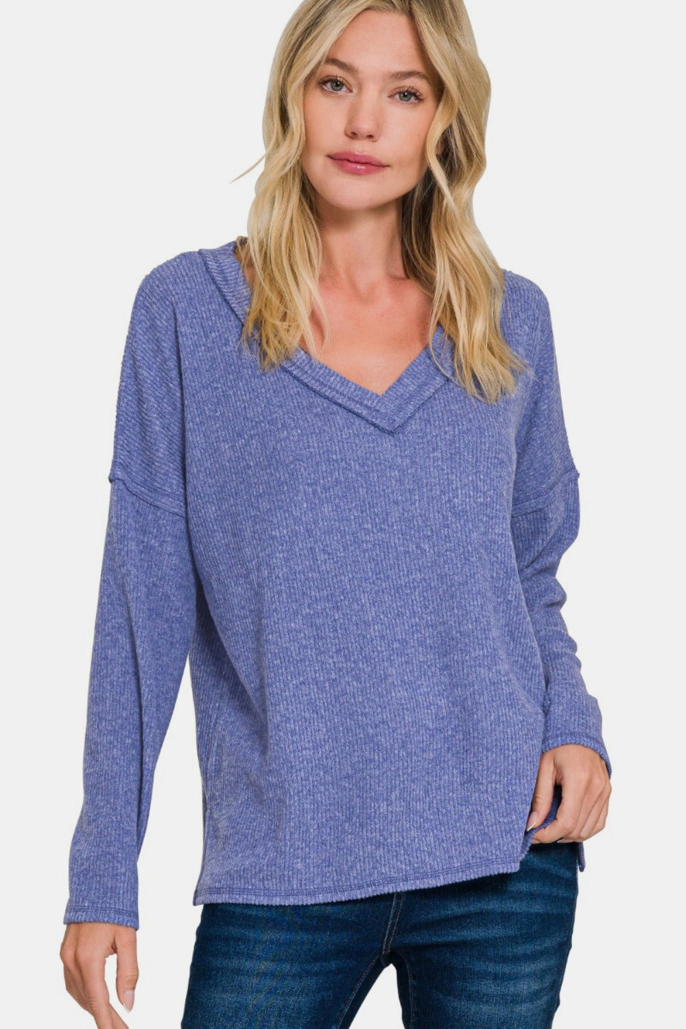 Zenana - V-Neck Ribbed Long Sleeve Top - Marlin - Inspired Eye Boutique