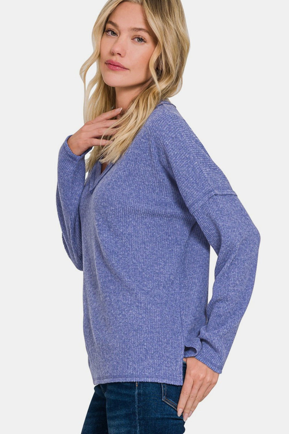 Zenana - V-Neck Ribbed Long Sleeve Top - Marlin - Inspired Eye Boutique