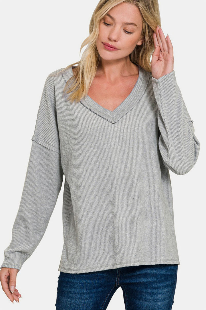 Zenana - V-Neck Ribbed Long Sleeve Top - Sleet - Inspired Eye Boutique