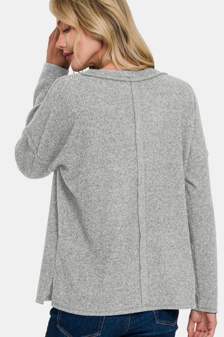 Zenana - V-Neck Ribbed Long Sleeve Top - Sleet - Inspired Eye Boutique